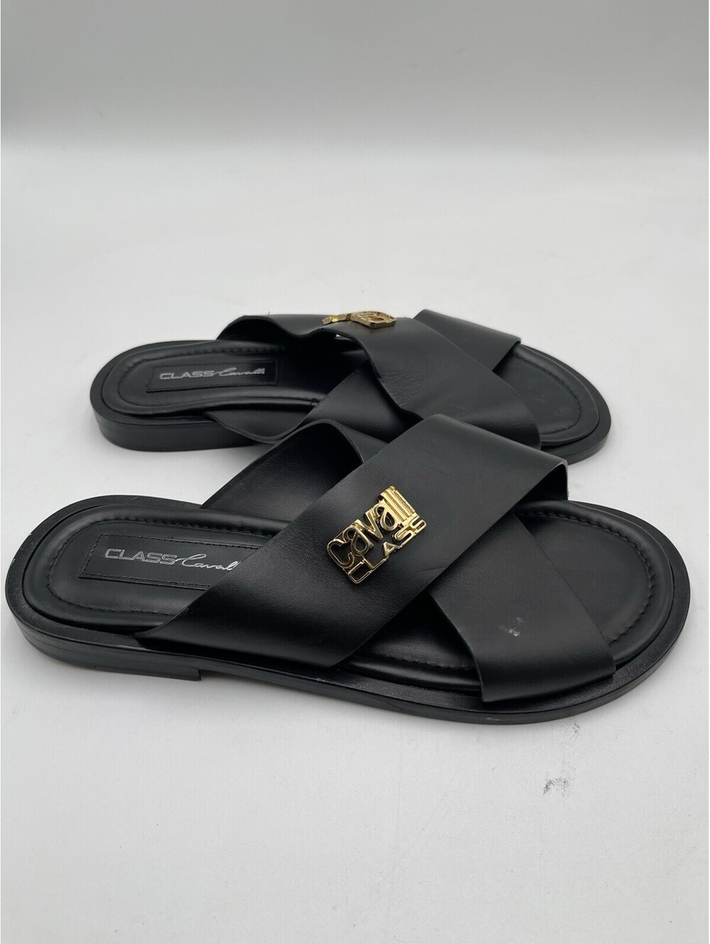 Roberto Cavalli 'Class Cavalli' slippers gold-tone logo Black Leather Size 42